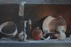 Giorgio Scalco, Natura morta sulla mensola, olio su tela, 50 x 115 cm