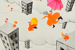 Hiroko Akasaka (Giappone), Flying girls on Sunday, acquaforte, rotella, 36 x 50 cm