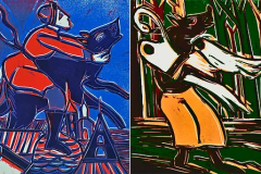 Mirta Caccaro (Italia), Ivan Lo Zarevic e il lupo grigio, fiaba russa, xilografia, 40 x 34 cm (8 pezzi)