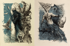  Uliyana Turchenko (Polonia/Ucraina), sx: Wolves & Crows , series Imaginarium, litografia, 47 x 39 cm, dx: Rhino, series Imaginarium, litografia, 50 x 35 cm 
